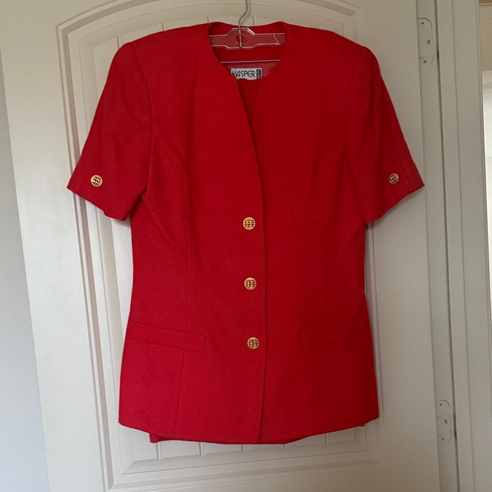✨Vintage✨ Kasper Women's Vibrant Red Blazer + Midi Skirt with Gold Accents